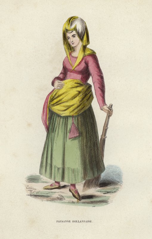 Holländsk bondkvinna (färgad gravyr) av European School