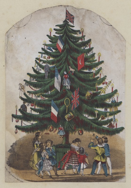 Människor under en julgran, hälsningskort (färg litho) av European School