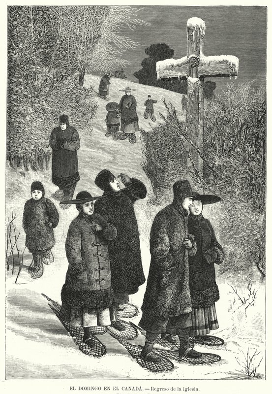 Människor som bär snöskor som återvänder från kyrkan på söndag, Kanada (litho) av European School