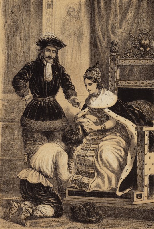 Peter den store av Ryssland beordrar Karol Skowronski att kyssa kanten på kjolen på sin syster, kejsarinnan Katarina I (litho) av European School