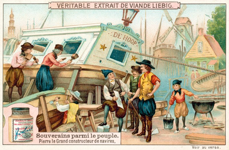 Peter den store arbetar som skeppsbyggare i Nederländerna (chromolitho) av European School