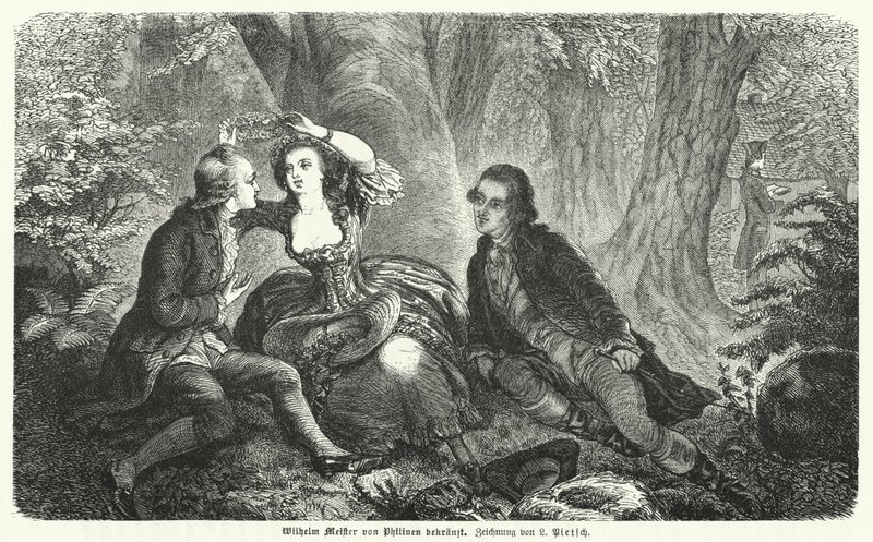 Philinen kröner Wilhelm Meister med en krans: scen ur Johann Wolfgang Goethes roman Wilhelm Meisters Lehrjahre (gravyr) av European School