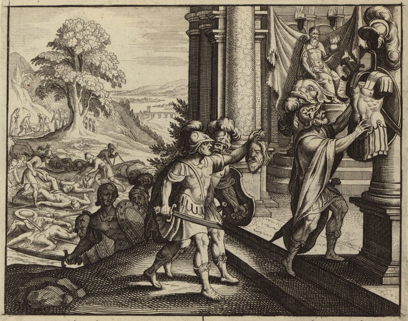 Filistéer sätter Sauls huvud i sin gud Dagons tempel (gravyr) av European School