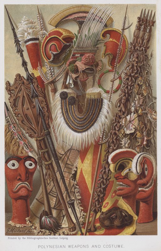 Polynesiska vapen och kostym (chromolitho) av European School