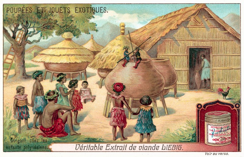 Polynesiska barn tittar på en dockteater (chromolitho) av European School