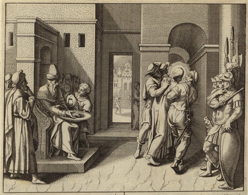 Pontius Pilatus tvättar sina händer efter att Jesus Kristus dömts till döden (gravyr) av European School