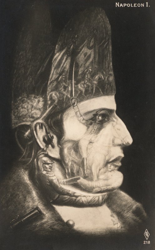 Porträtt av Napoleon Bonaparte, med scener från hans slag tecknade på hans ansikte och hatt (litografi) av European School