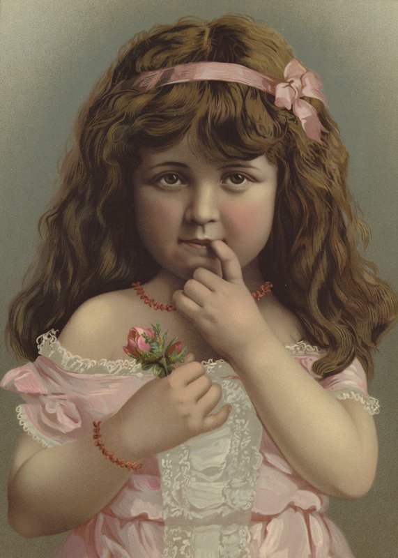 Porträtt av en flicka som håller en blomma (färg litho) av European School