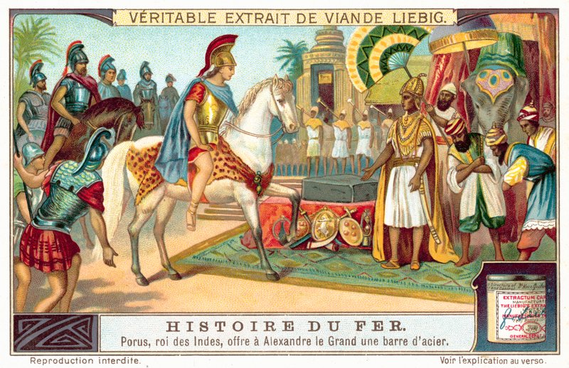 Porus, kung av Pauravas, erbjuder Alexander den store en stålstång (chromolitho) av European School