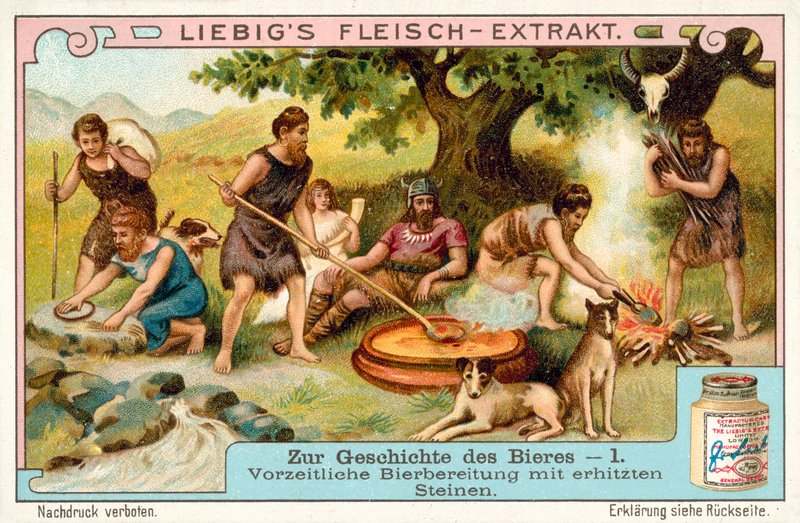Förhistorisk ölproduktion med uppvärmda stenar (chromolitho) av European School