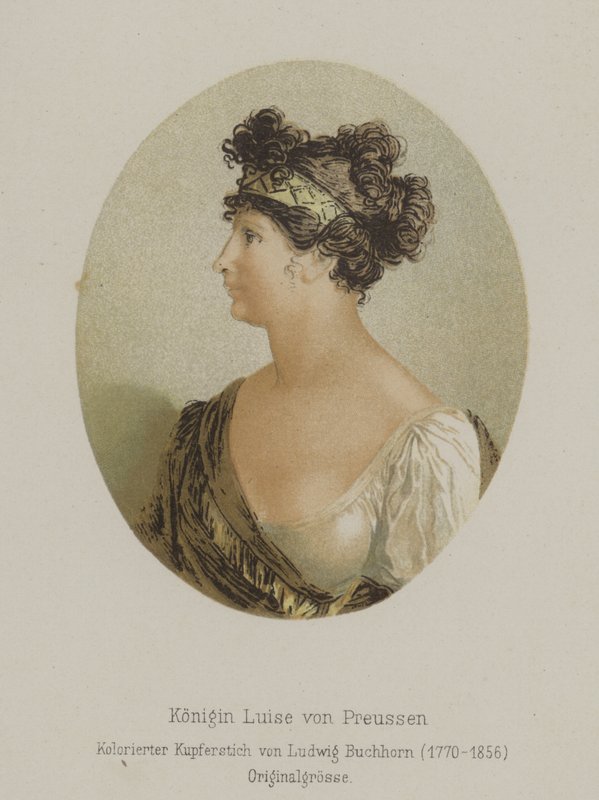 Drottning Luise av Preussen, gemål till kung Fredrik Vilhelm III (färgad gravyr) av European School