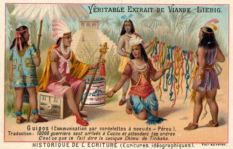 Quipus, kommunikationssystem med knutna strängar, Peru (chromolitho) av European School