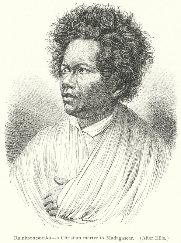 Rainitsontsoraka, en kristen martyr på Madagaskar (gravyr) av European School