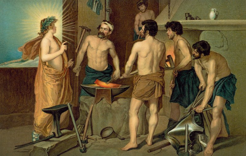 Helgonet framträder för smeder i en smedja (chromolitho) av European School