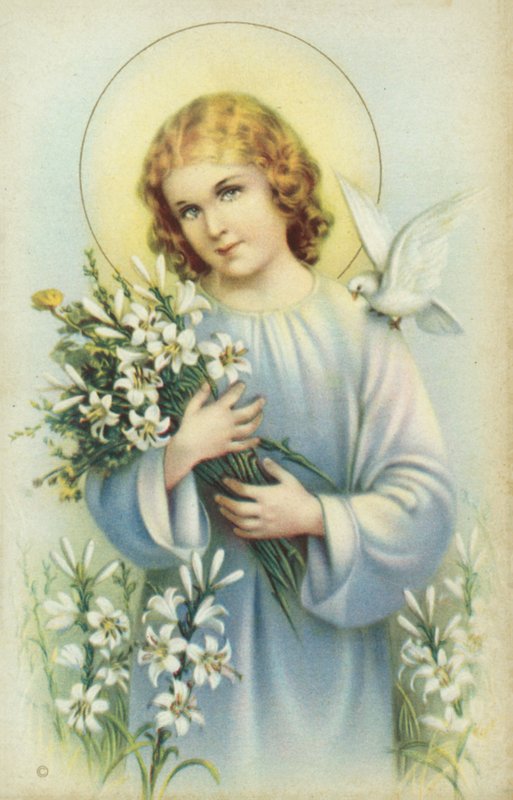 Helgon med duva och blommor (färglitografi) av European School