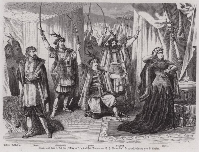 Scen från akt III av den tyske dramatikern Salomon Hermann Mosenthals historiska drama Maryna (gravyr) av European School