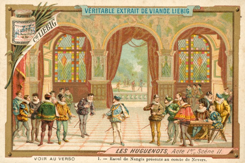 Scen från Giacomo Meyerbeers opera Les Huguenots (chromolitho) av European School