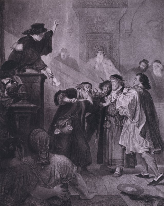 Scen ur Shakespeares The Merchant of Venice (akt IV, scen 1) (litho) av European School