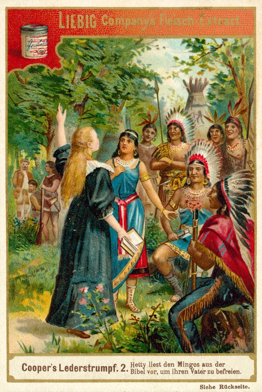 Scen från The Deerslayer, av James Fenimore Cooper (chromolitho) av European School