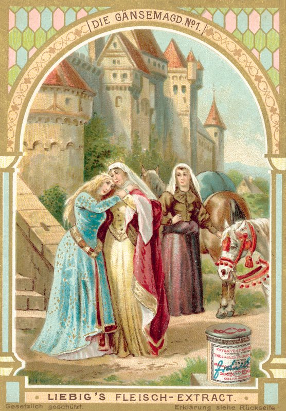 Scen från Bröderna Grimms saga Gåsflickan (chromolitho) av European School