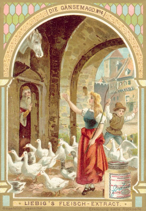 Scen från Bröderna Grimms saga Gåsflickan (chromolitho) av European School