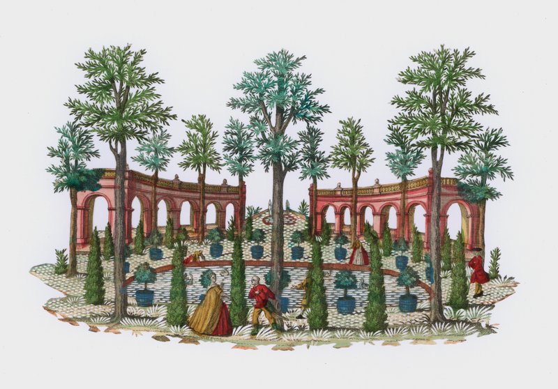 Scen i en italiensk trädgård (färgad gravyr) av European School