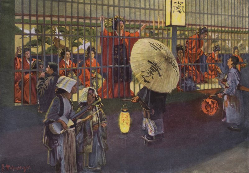 Scen i stadsdelen Yoshiwara i Tokyo, Japan (färglitografi) av European School