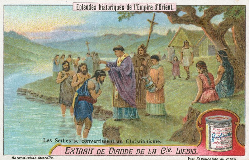 Serber som konverterat till kristendomen, Liebig-kort, tidigt 1900-tal (chromo) av European School
