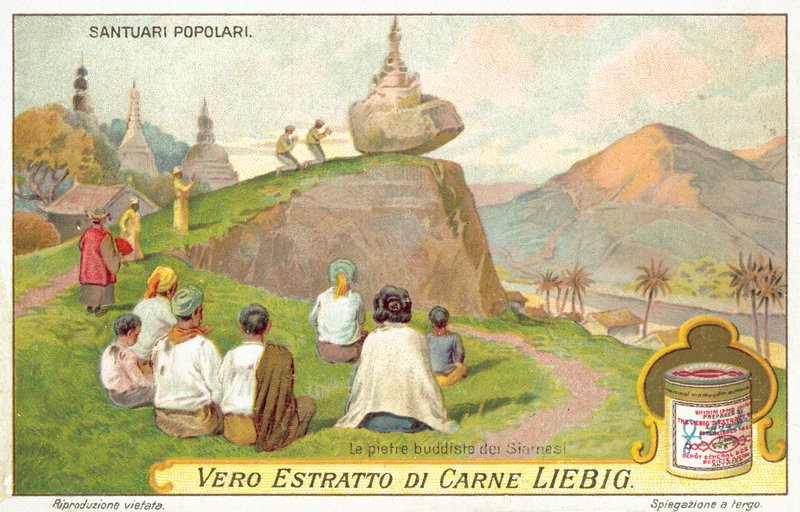 Siamesiska buddhister dyrkar vid en balanserande stenhelgedom (chromolitho) av European School