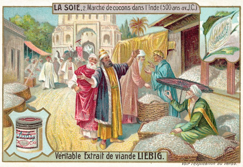 Sidenkokongmarknad i Indien, 500 f.Kr. (chromolitho) av European School