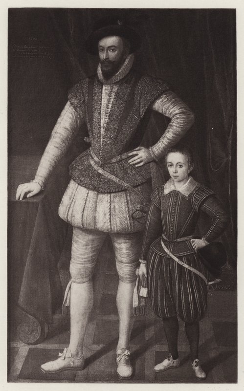 Sir Walter Raleigh och hans son (litho) av European School