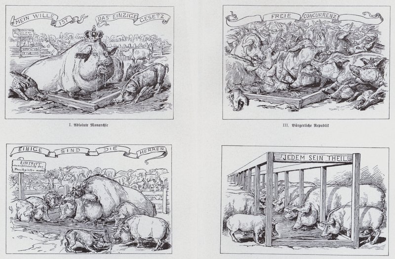 Socialistisk tecknad serie från 1895 om olika regeringsformer (litho) av European School