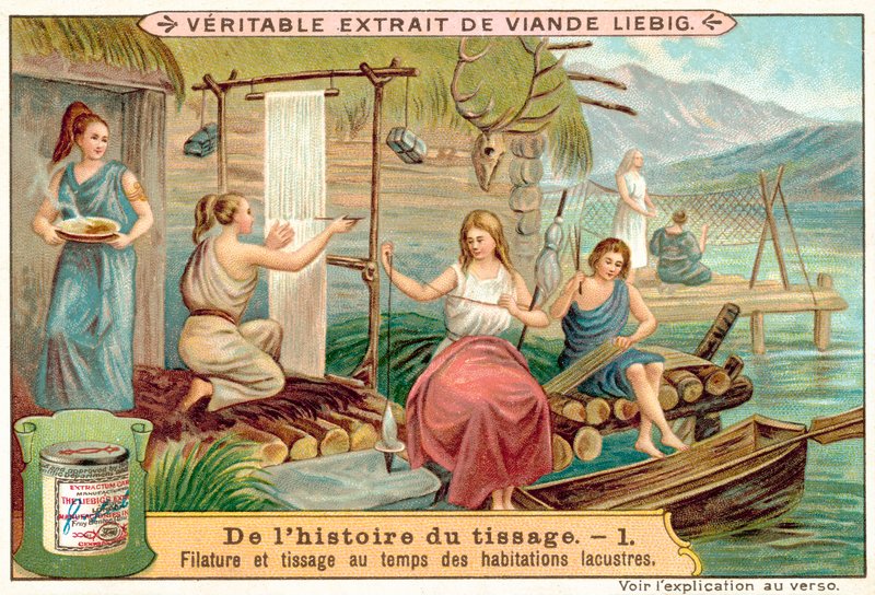 Spinning och vävning i en gammal by vid sjön (chromolitho) av European School