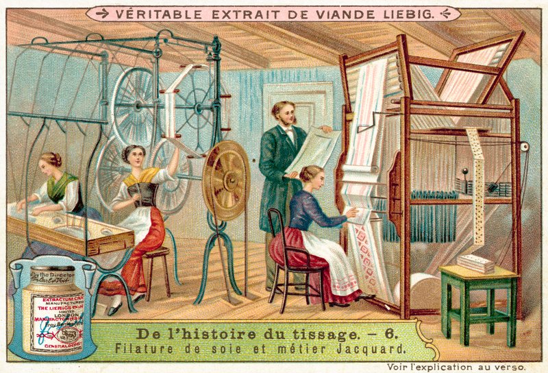 Spinnande siden och en jacquardvävstol (chromolitho) av European School