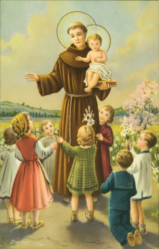 S:t Franciskus av Assisi med Jesusbarnet och barnen (färglitografi) av European School