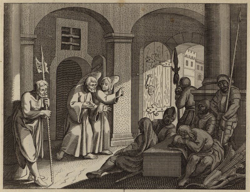 St Peter befriad från fängelset av en ängel (gravyr) av European School