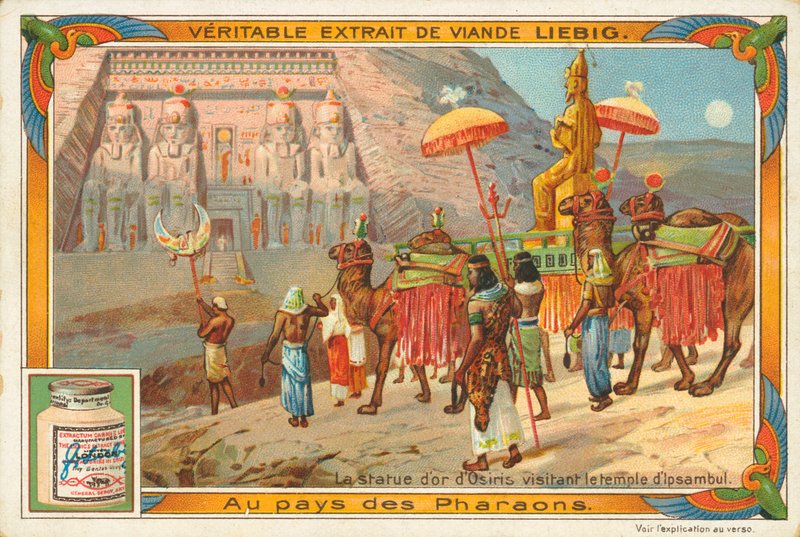 Staty av Osiris på besök i Ipsambultemplet, Liebigkort, tidigt 1900-tal (chromo) av European School