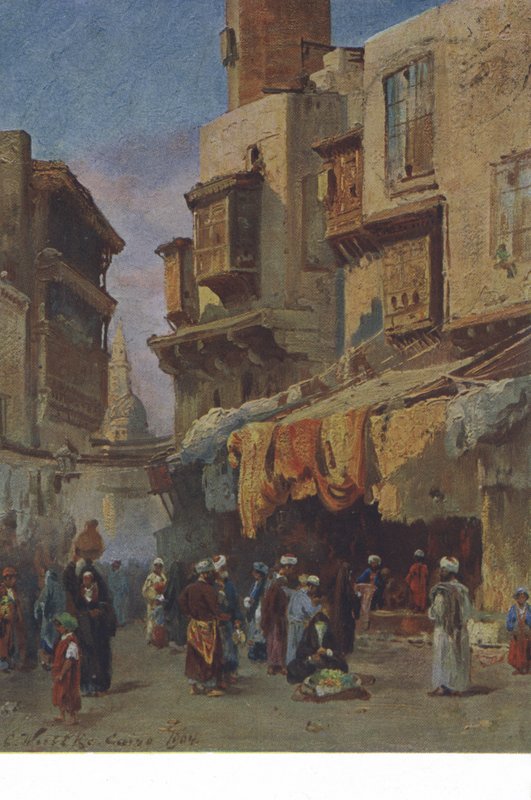 Gatuscen från Kairo, Egypten (färglitografi) av European School