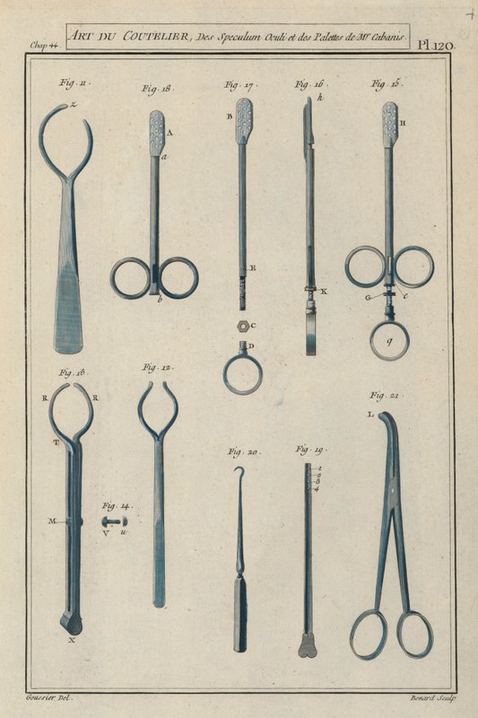 Kirurgiska instrument som används av den franske kirurgen Pierre Jean Georges Cabanis (färgad gravyr) av European School
