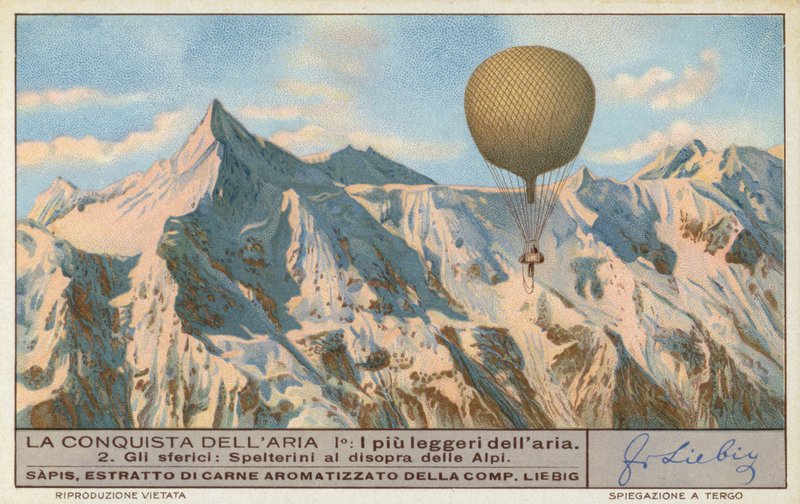Den schweiziske ballongföraren Eduard Spelterini flyger över Alperna (chromolitho) av European School