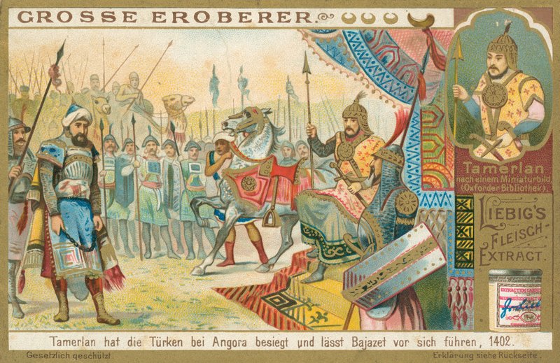 Tamburlaine besegrar Bajazeth, Liebigkort, tidigt 1900-tal (chromo) av European School