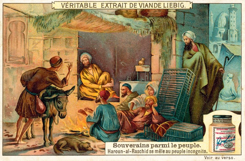 Den abbasidiska kalifen Harun al-Rashid blandar sig med sitt folk inkognito (chromolitho) av European School