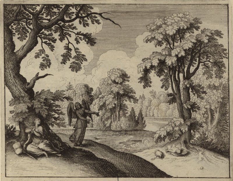 Ängeln som tröstar Hagar i vildmarken (gravyr) av European School
