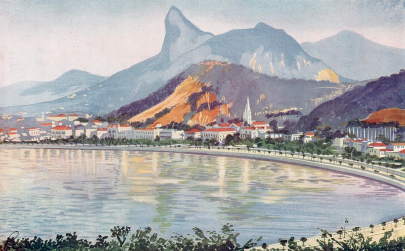 Botafogo-delen av Rios Bayside Avenue, med utsikt över Corcovadoberget (färglitografi) av European School