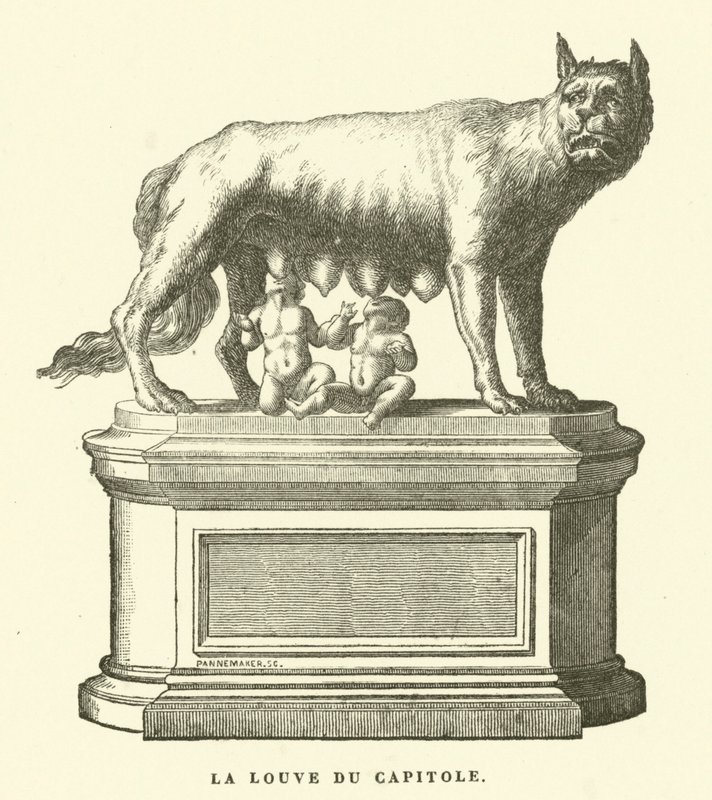 Capitoline Wolf, bronsskulptur som föreställer varghonan som diar Romulus och Remus, Roms tvillinggrundare (gravyr) av European School