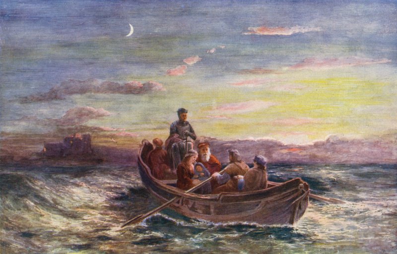 Mary, drottning av Skottland, flyr från Loch Leven Castle (färglitografi) av European School