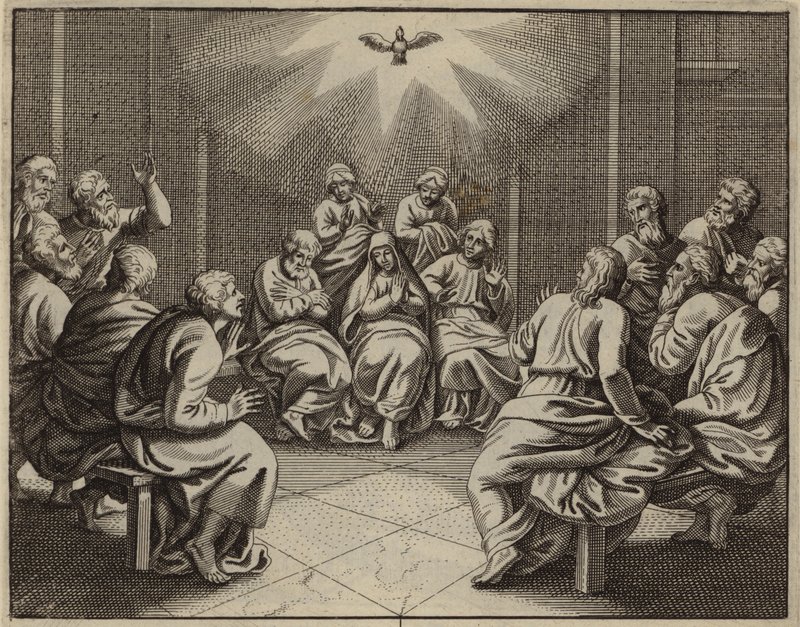 Den helige Ande kommer till de tolv apostlarna på pingstdagen (gravyr) av European School