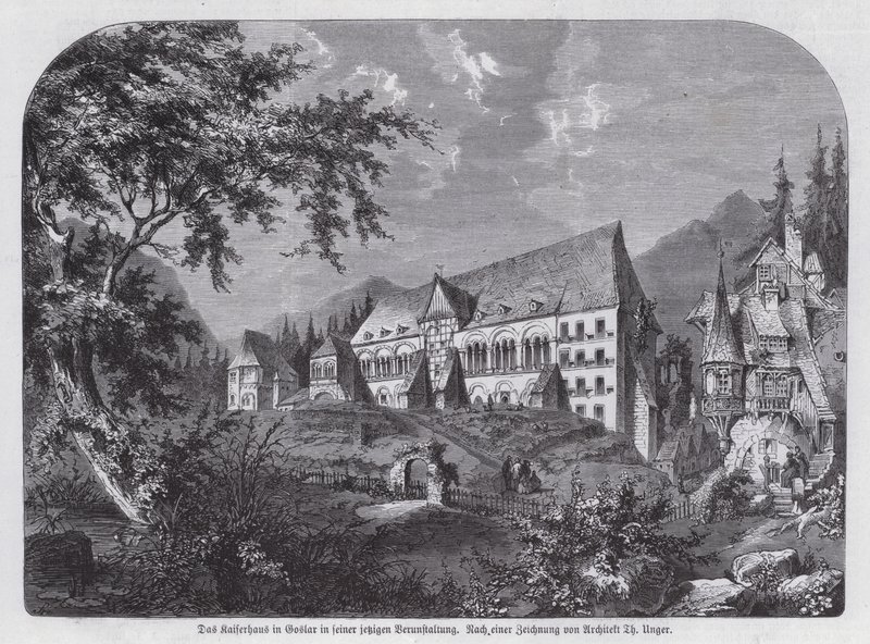 Kaiserhaus, kejserliga palatset i Goslar, Tyskland (gravyr) av European School