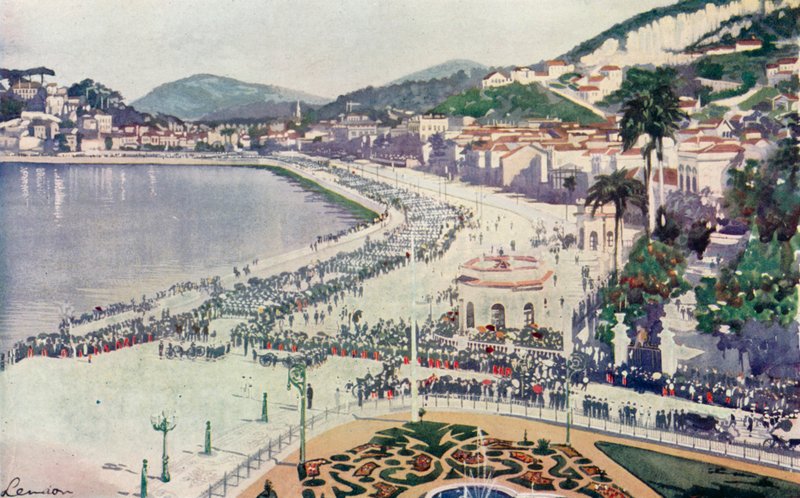 Praia da Lapa och Praca da Gloria, en glimt av militärparaden den 15 november, årsdagen av grundandet av Republiken Brasilien (färglitografi) av European School