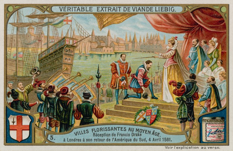 Mottagandet av Francis Drake till London från Sydamerika 1581 (chromolitho) av European School